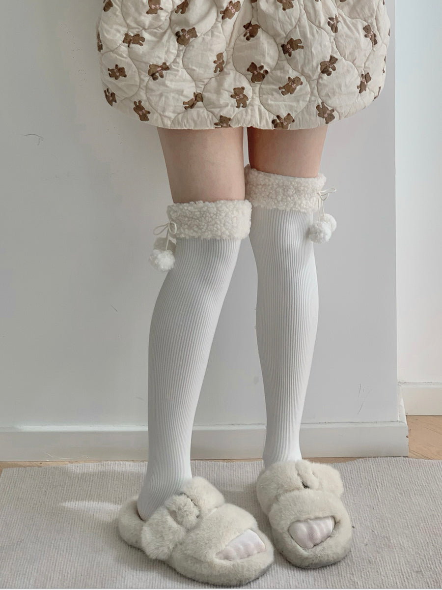 Roji Roji~Winter Fuzzy Ball Lolita Socks Over Knee Thick Socks   