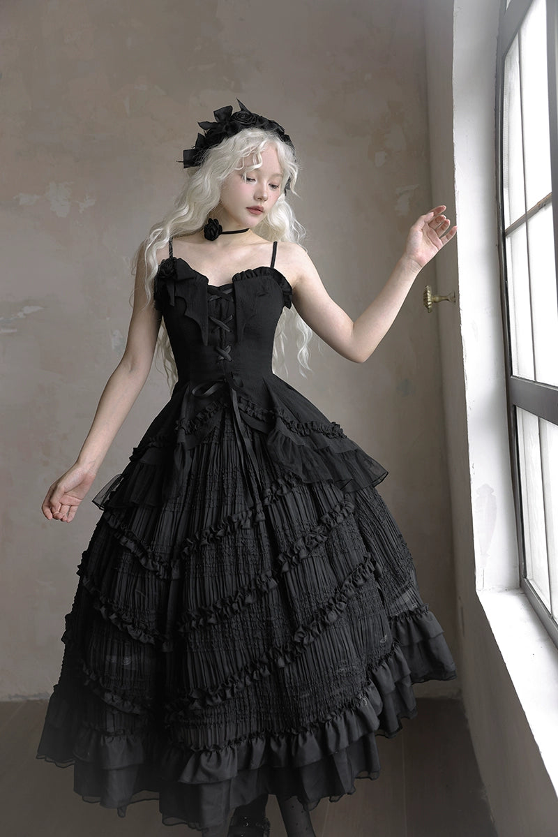 Lingxi Lolita~Rose Wing~Gothic Lolita Tiered Skirt Set   