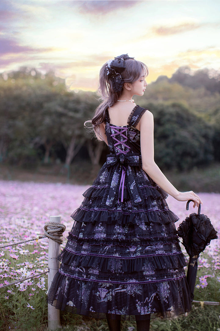 Avenue Denfer~Floral Veil~Elegant Lolita JSK Suit Floral Print Dress and Tulle Shawl