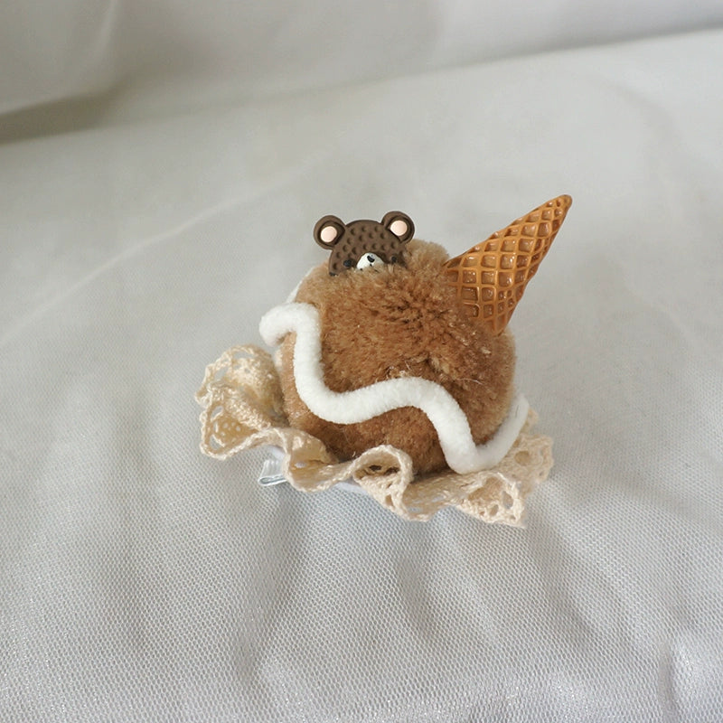 MaoJiang Handmade~Sweet Lolita Headdress Ice Cream Cone Hair Clip Dark Brown - Little Bear Ice Cream