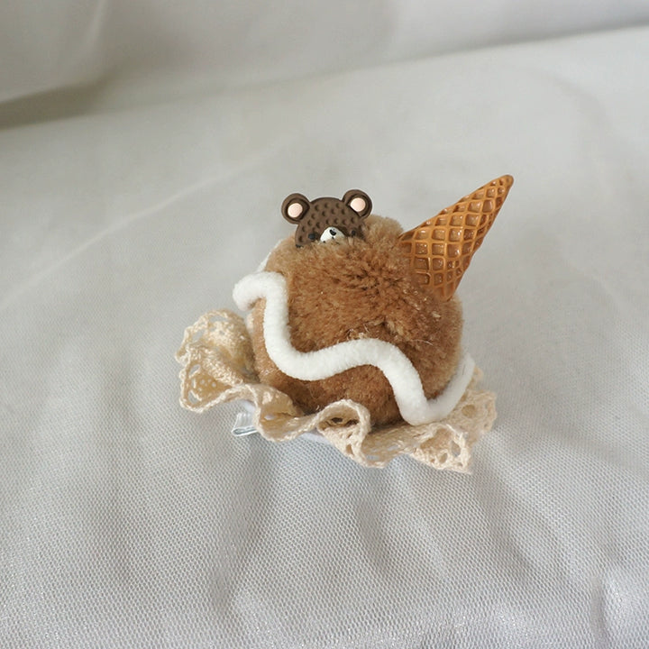 MaoJiang Handmade~Sweet Lolita Headdress Ice Cream Cone Hair Clip Dark Brown - Little Bear Ice Cream