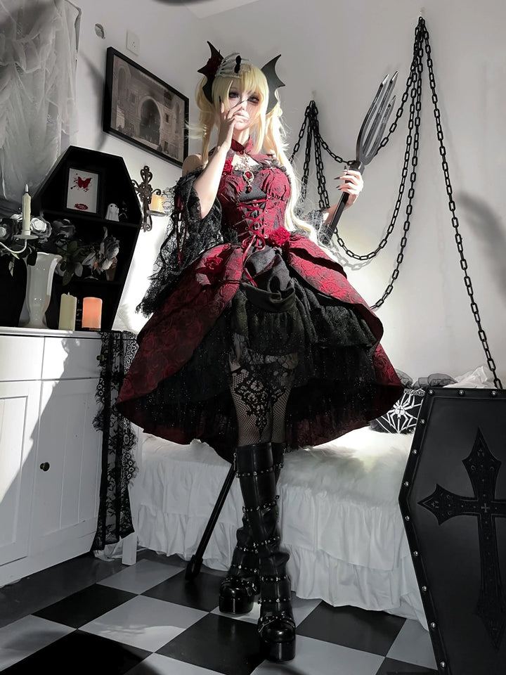 Cornfield Lolita~Rose Blood~Black Red Gothic Lolita JSK Jacquard Court Dress 40688:673010