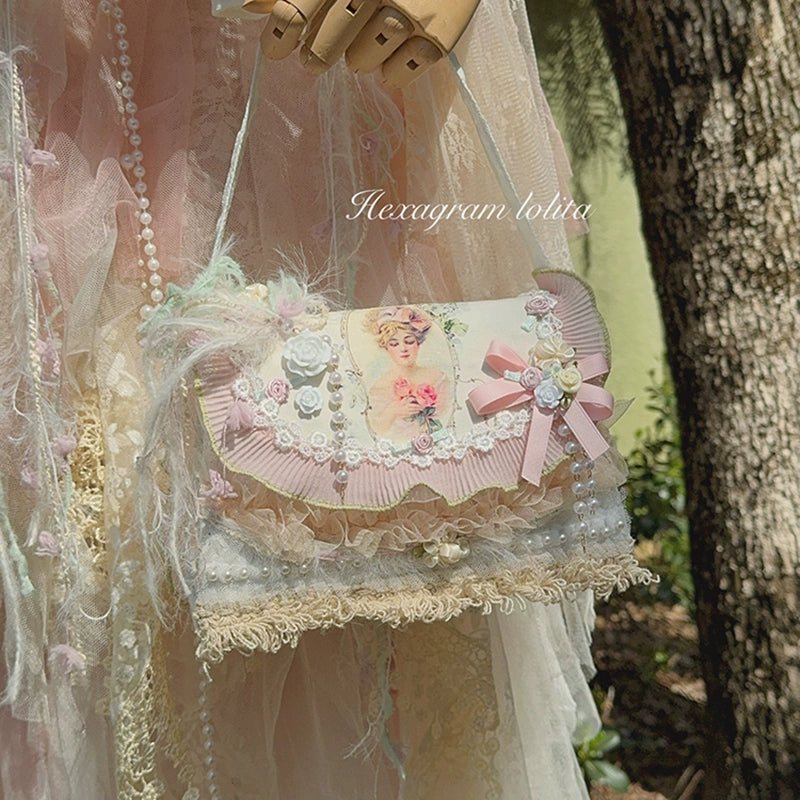 Hexagram~Camellia~Country Lolita Handbag Lace Feather Crossbody Bag pink  