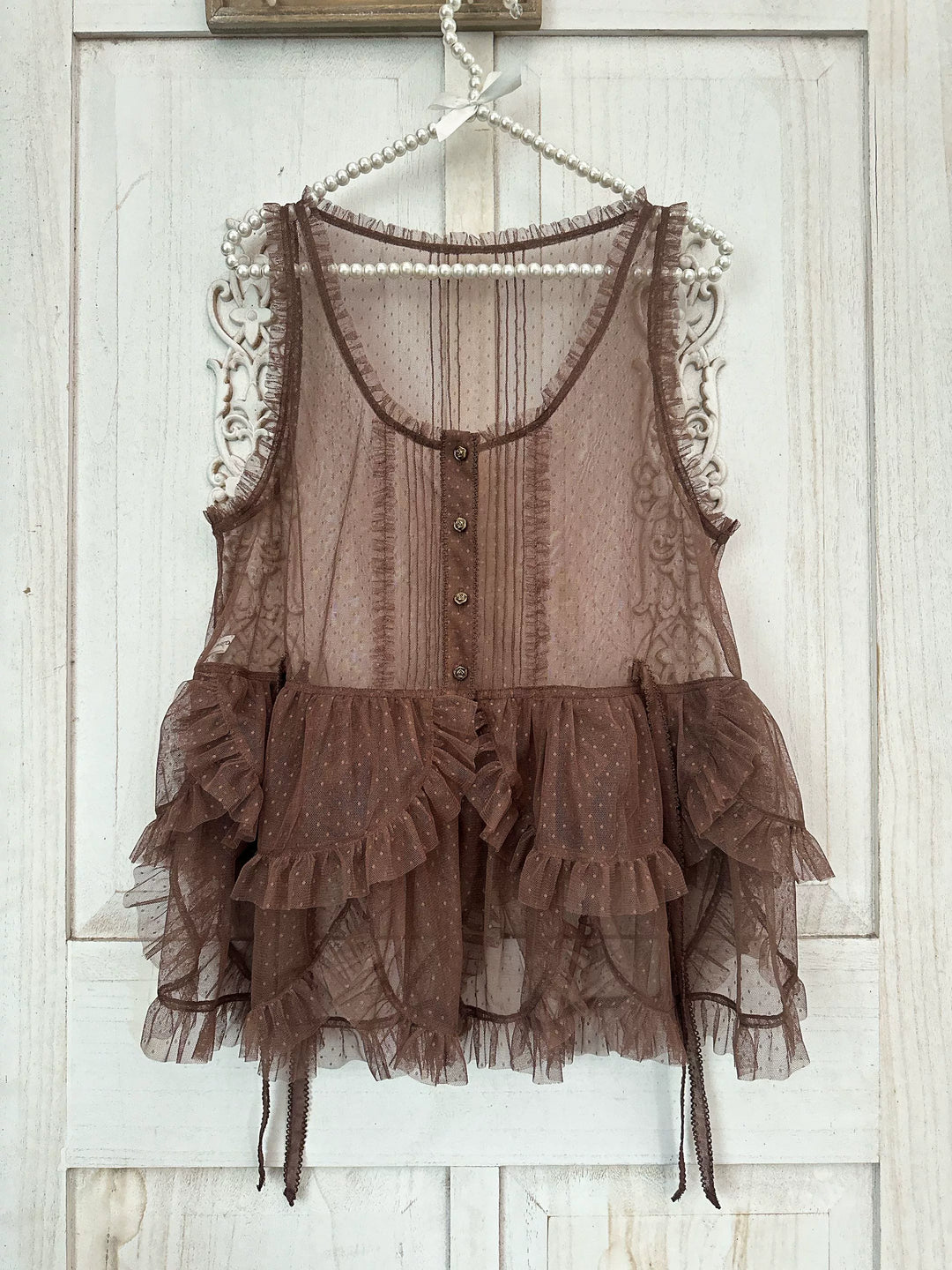 Sweet Dreamer~Antique Wall~Classic Vintage Lolita Vest Tulle Polka Dot Vest Big dots in brown (vest only) (Pre-order) Free Size Double-layer petal hem