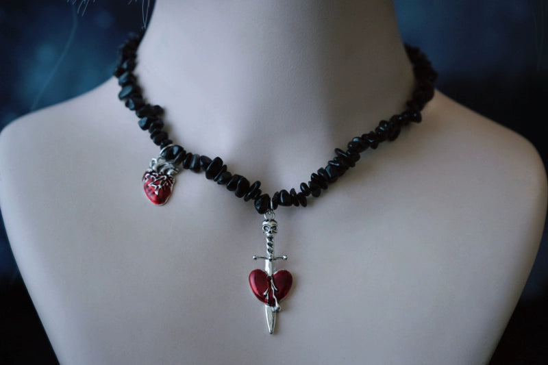 Strange Sugar - Handmade Gothic Lolita Choker, Multiple Pendant Sword Through Heart
