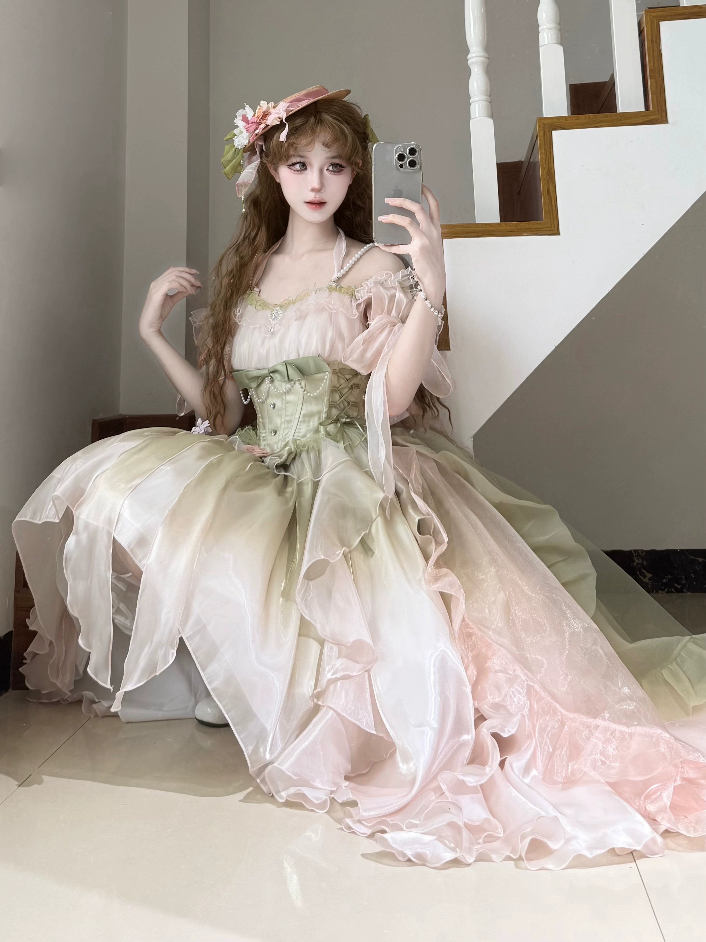 Meowing and fruity - Midsummer Dream - Gradient Color Wedding Lolita JSK Dress Set, Fishbone Waist 44337:803893