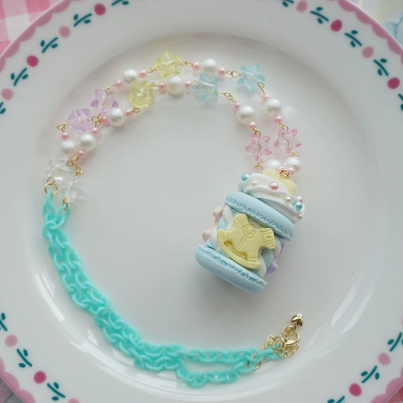 Cat Tea Party - Sweet Lolita Necklace Carousel Cream Macaron Bag Pendant Blue Necklace