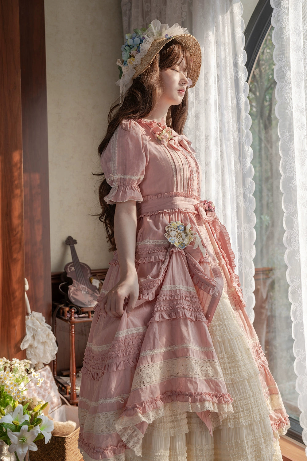 Miss Point~Cat Rose Tea~Elegant Lolita OP Open-front Short Sleeve Tiered Dress