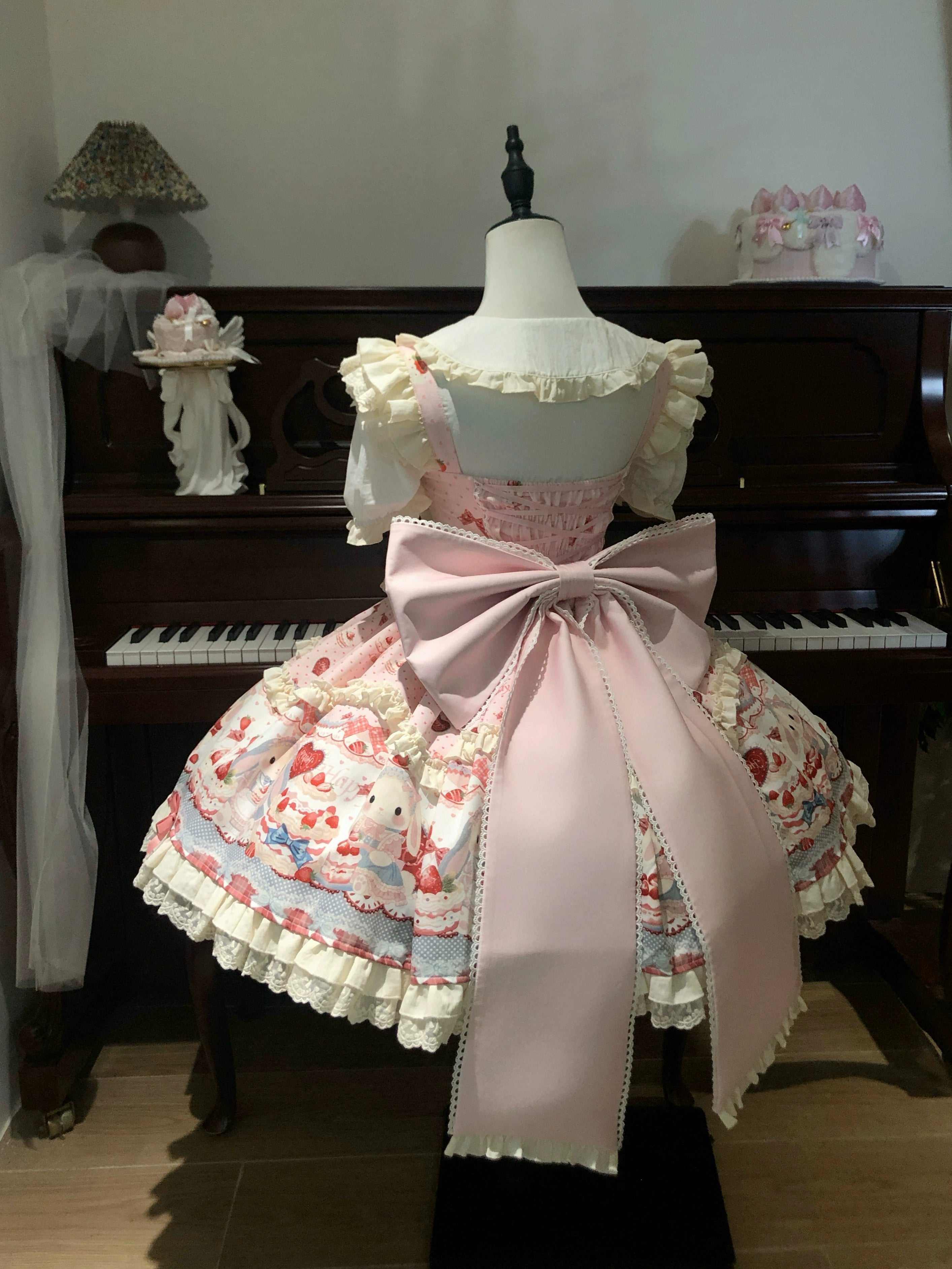 Sweet Dreamland - Bunny Party - Printed Sweet Lolita JSK, Bow Trailing Pink Trailing Only S