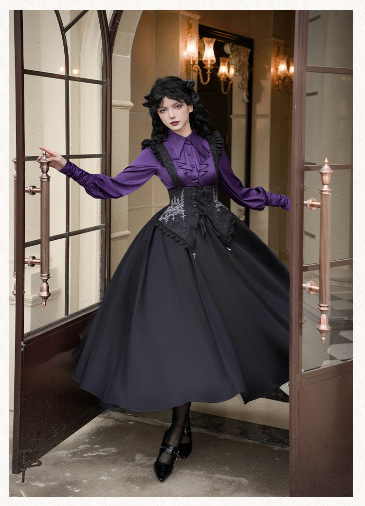 With PUJI - Thorn Night - Gothic Lolita Satin Shirt Solid Color Fake Two-Piece Blouse