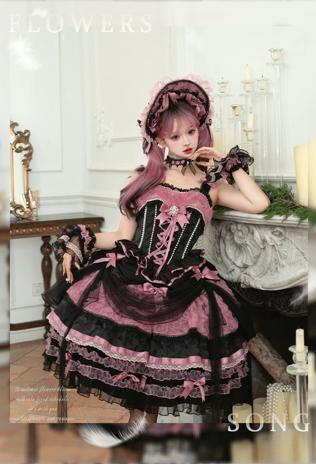 MieYe~Flowers Song~Classic Lolita JSK Dress Fishbone Dress with Tiered Skirt Black Pink JSK Only S