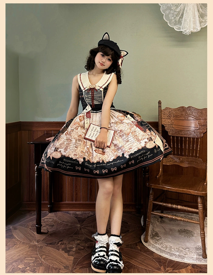 Alice Girl~Fox Band~Printed Sweet Lolita JSK Dress Square Neckline Daily Dress