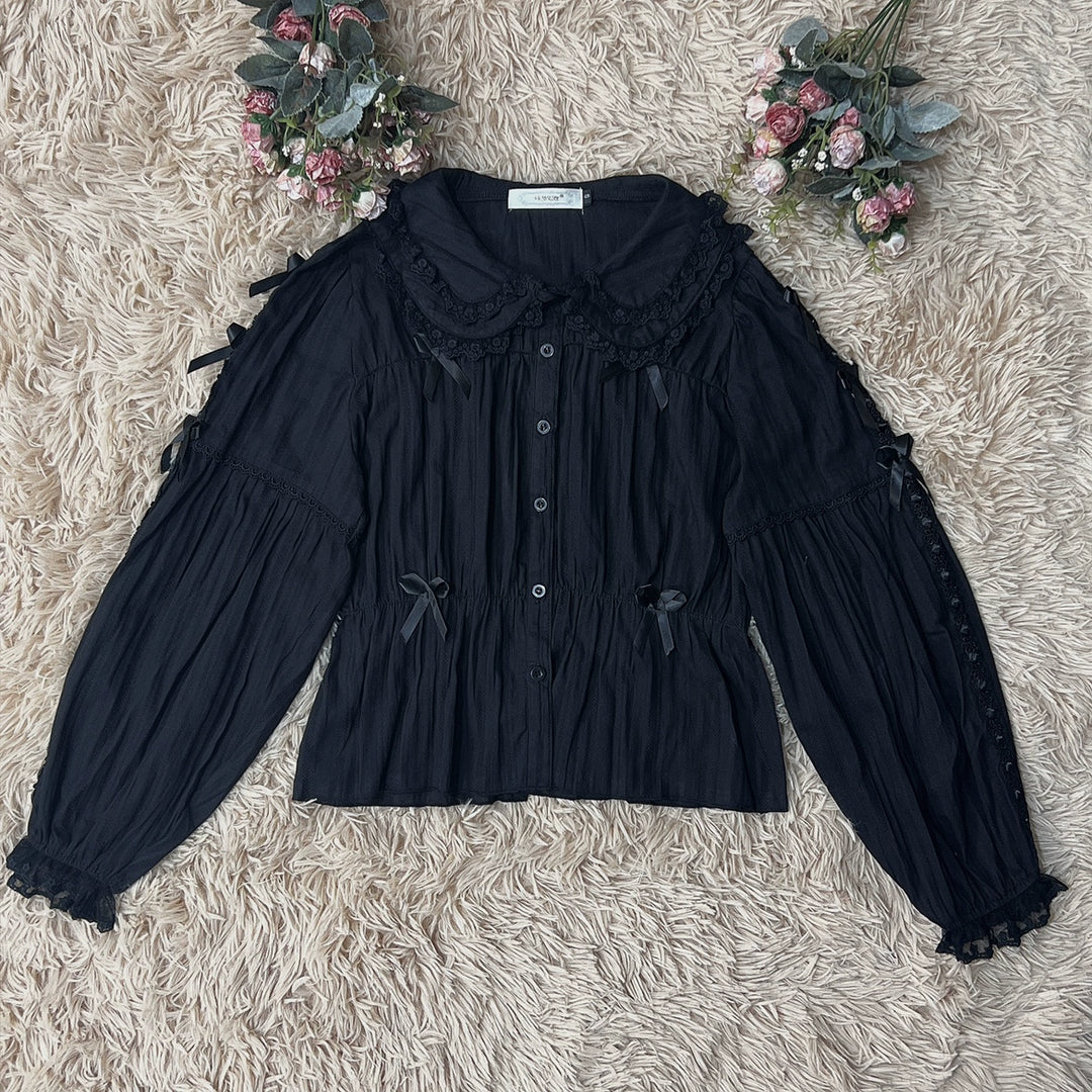 DMFS Lolita~Sweet Lolita Shirt Doll Collar Blouse High-waisted S Black lace black long sleeve 