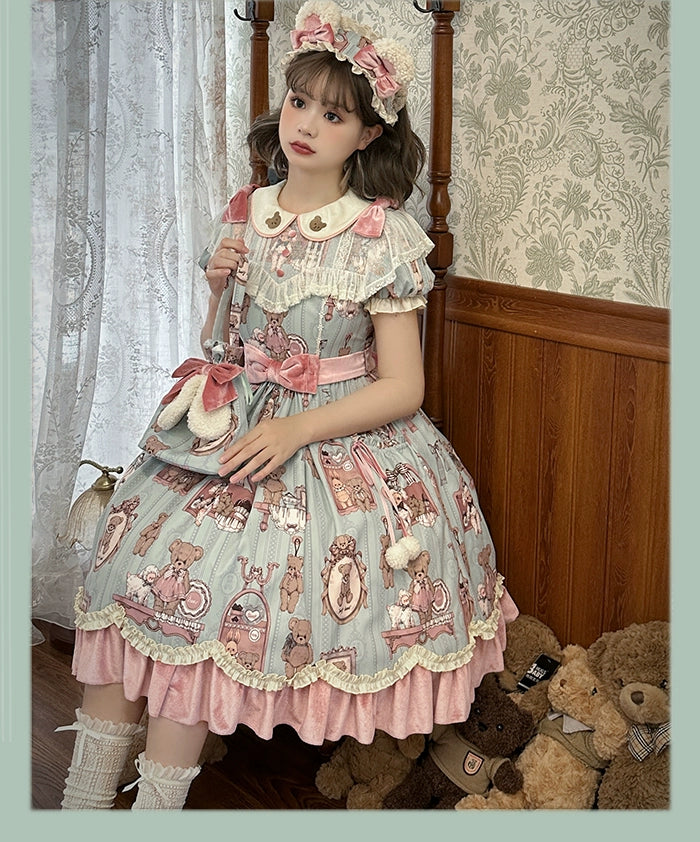 Alice Girl~Bear Doll Wall~Sweet Lolita OP Lovely Bear Print Dress   