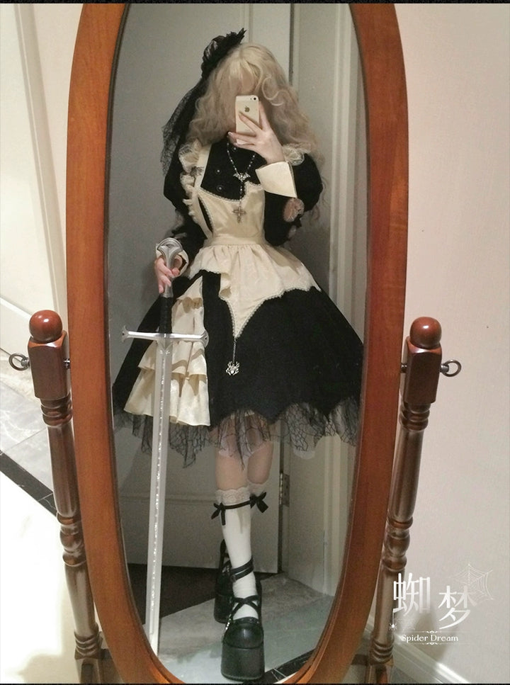 Sakurahime~Spider Dream~Gothic Lolita OP Dress Maid Lolita Built-in Fishbone Detachable Apron