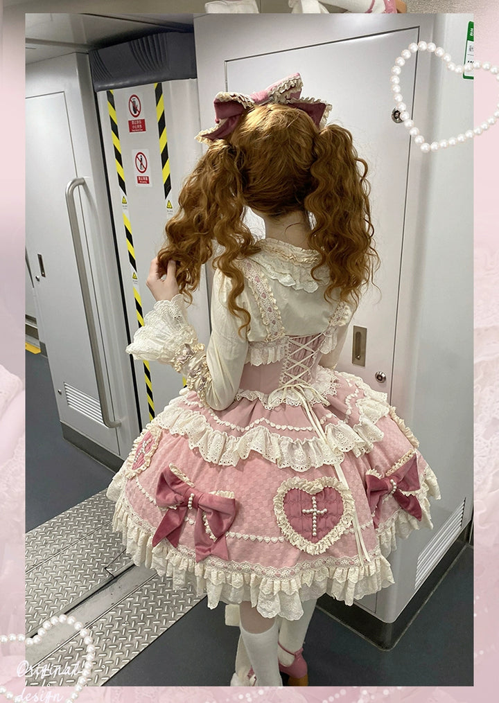 Sakurahime~Cross Sweetheart~Pink Sweet Lolita JSK Dress Doll Lolita Short Dress