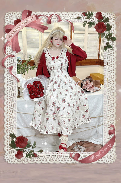 Yingtang~Plus Size Lolita Cardigan Set Elegant French Rose Print Dress 31448:375732