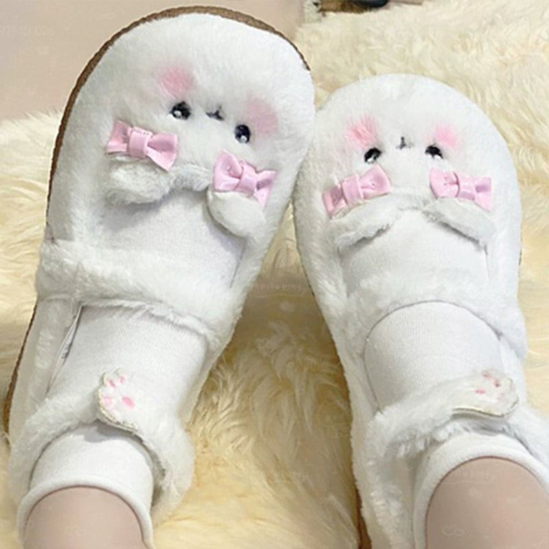 Fairy Godmother~Cute Plush Warm Round Toe Lolita Soft Sole Shoes 34 Lamb wool in off-white with fur lining 