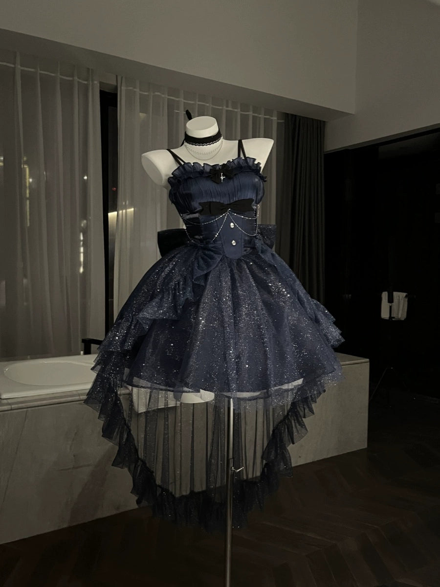 (BFM)Platycodon House~Polaris~Luxury Lolita Dress Star Tulle Princess Lolita Gown Pre-order (1-2 months before shipping) XS blue full set (dress + trailing + chocker)