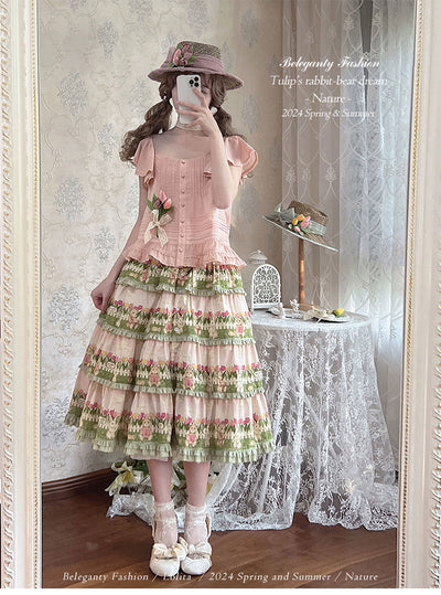 Beleganty~Tulip's Rabbit-Bear Dream~Sweet Lolita SK Suit Lolita Flutter Sleeve Top Pink Green - Short SK S 