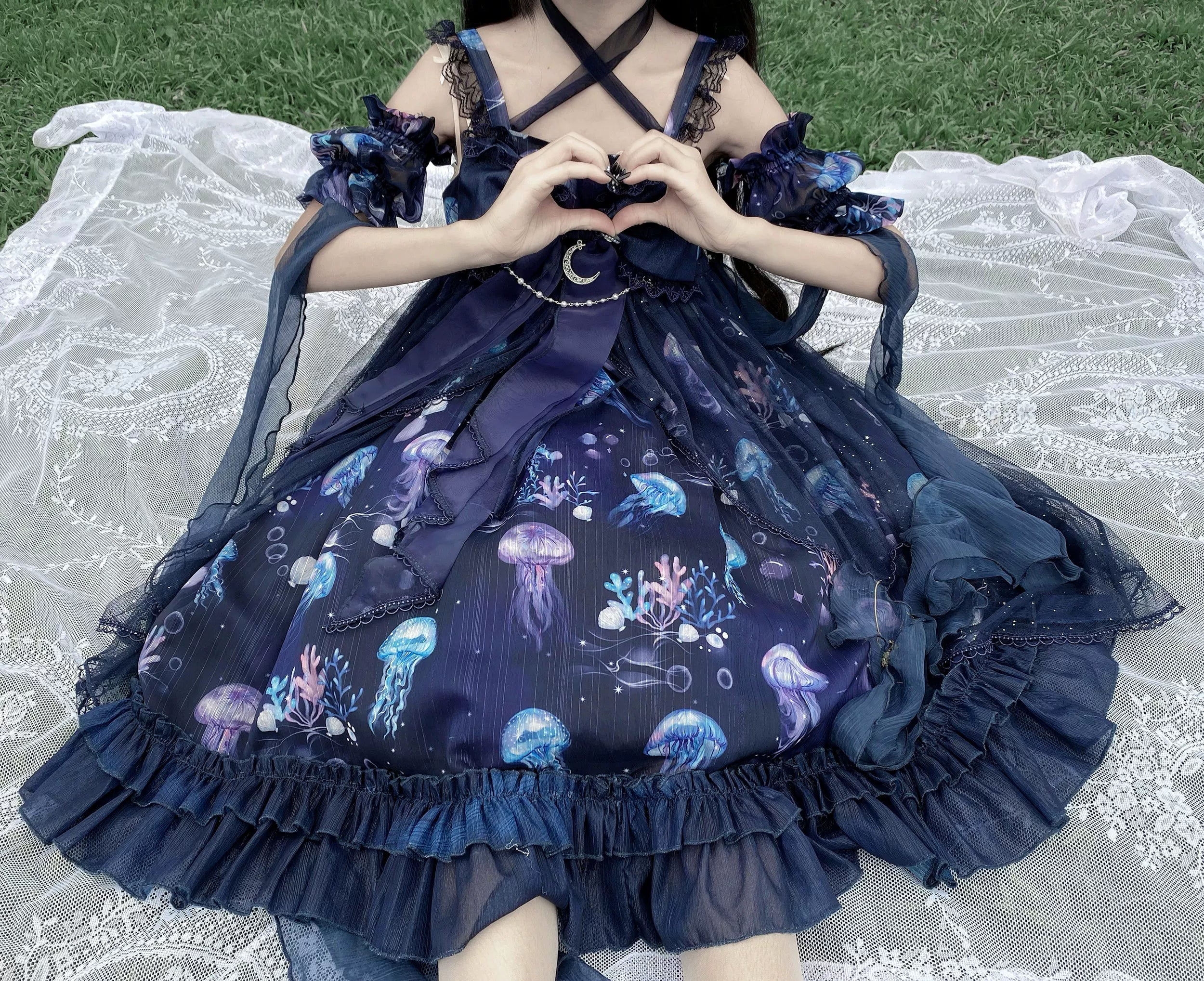 Coral Jellyfish - Sweet Lolita High-waist JSK Dress, Jellyfish & Coral Print 44906:827392