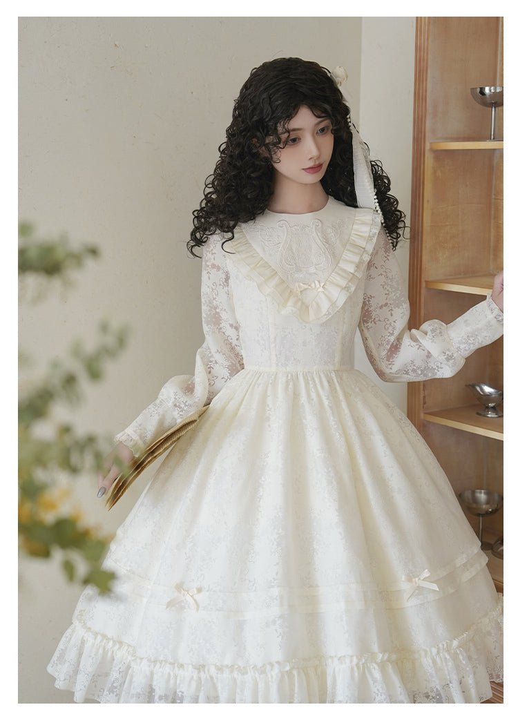 With PUJI~Floral Melody~Ivory Classic Lolita Long Sleeve OP Dress with Layered Bolero