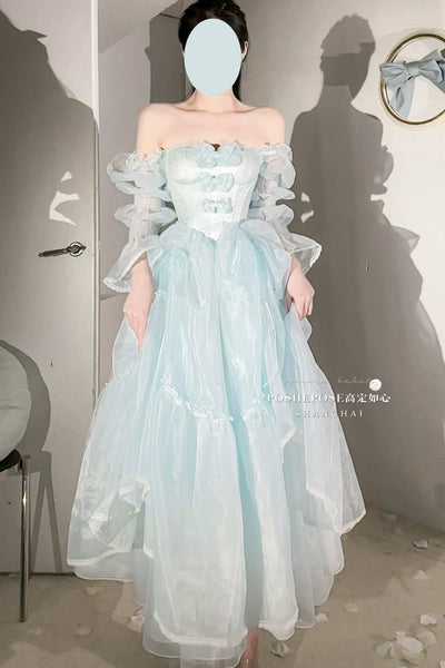POSHEPOSE~Water Color Cherry~Gorgeous Blue Lolita JSK Dress Summer Gown Dress XS Blue Organza Long Dress + Narrow Straps 