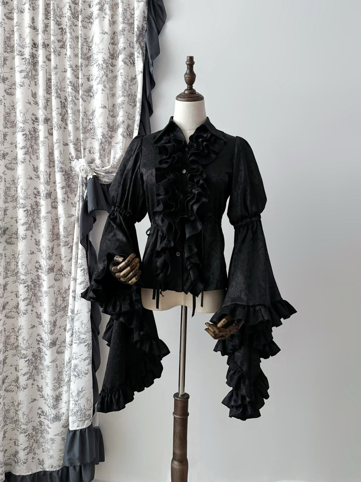 Muppet Mind Ben~Moon Stream~Vintage Lolita Blouse with Subtle Pattern and Hime Sleeve Black S