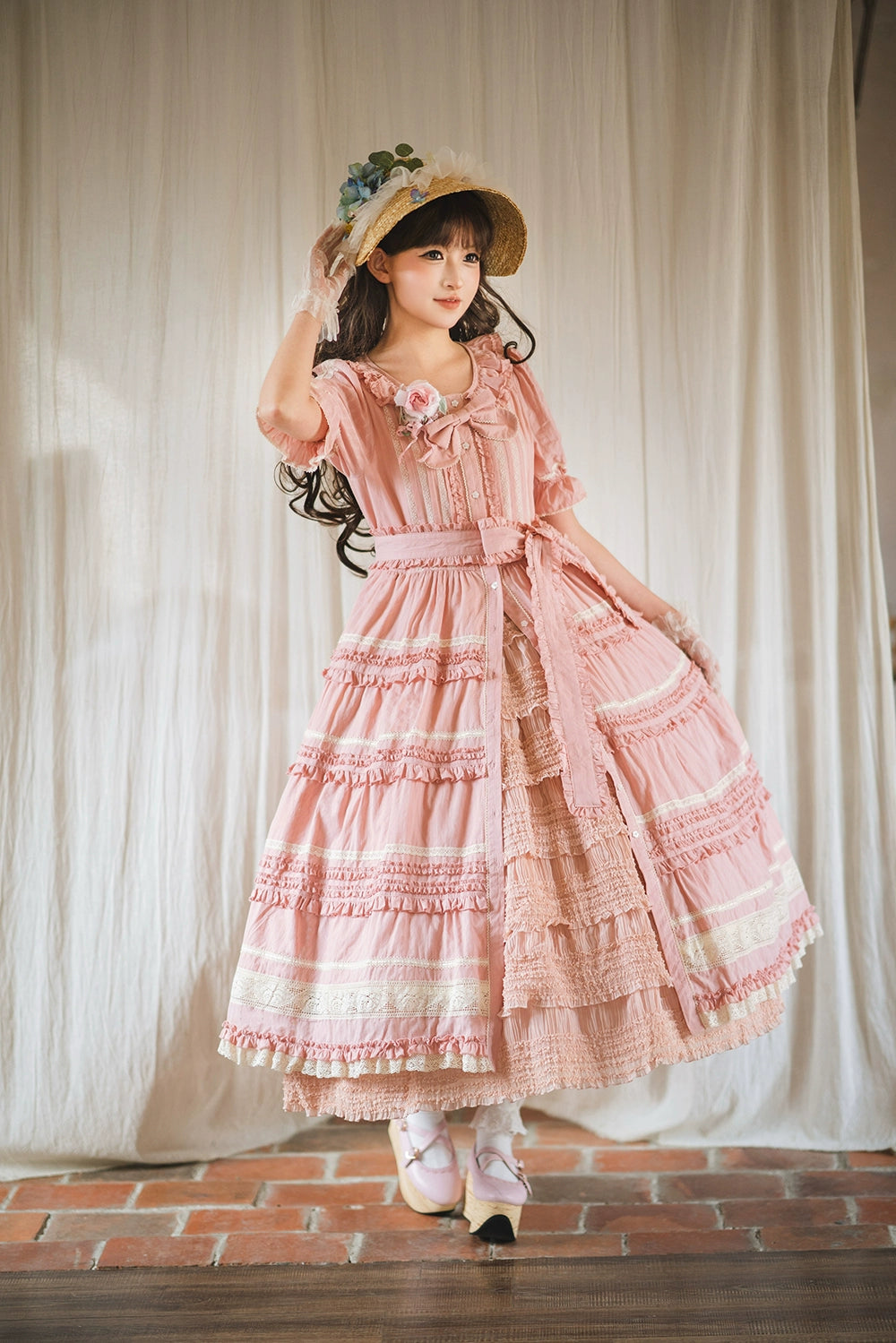 Miss Point~Cat Rose Tea~Elegant Lolita OP Open-front Short Sleeve Tiered Dress