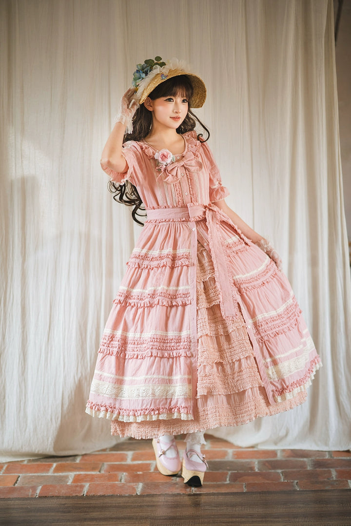 Miss Point~Cat Rose Tea~Elegant Lolita OP Open-front Short Sleeve Tiered Dress