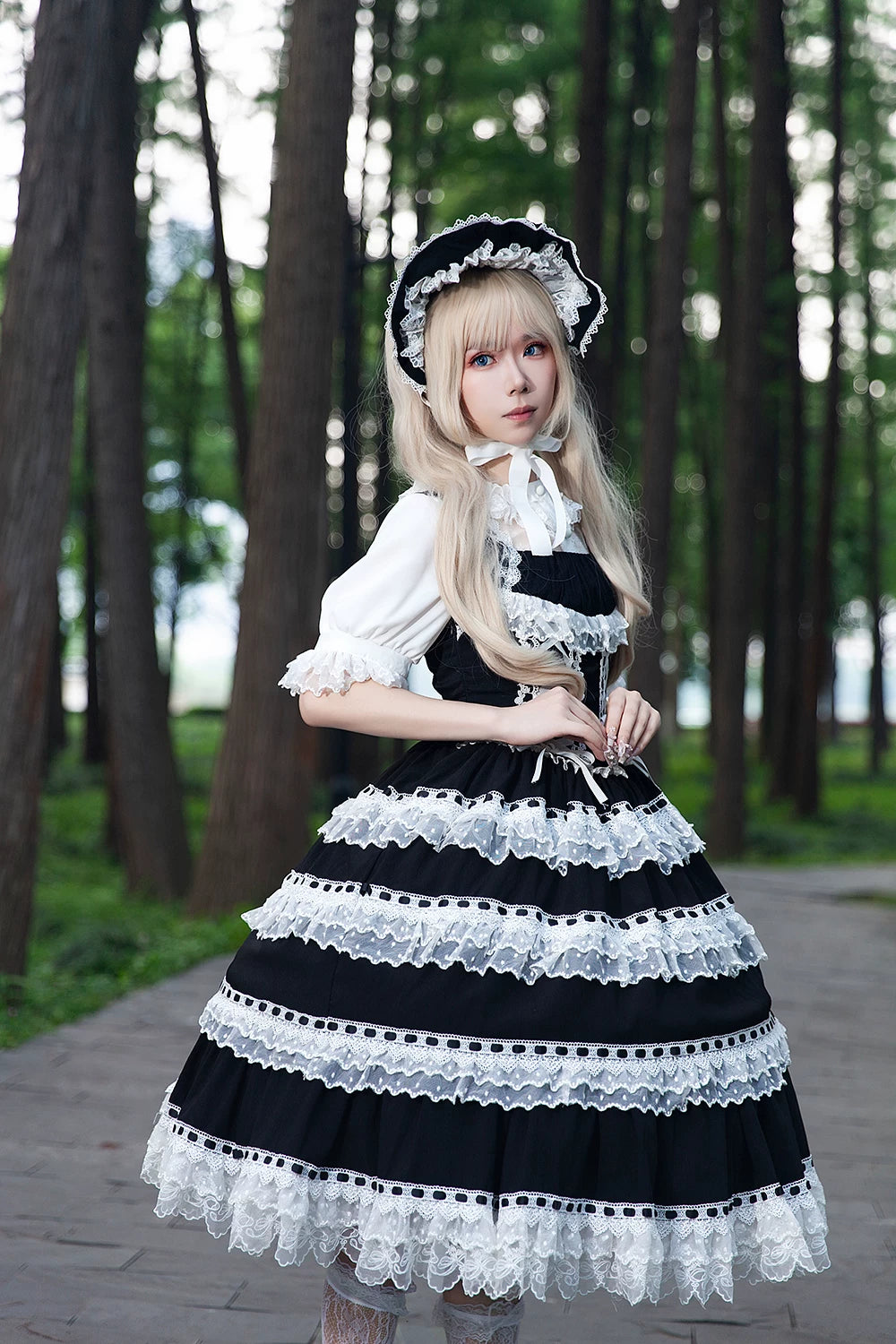 Mirror Doll - Old School Lolita Tiered Hem JSK with Polka Dot Lace 45540:853673