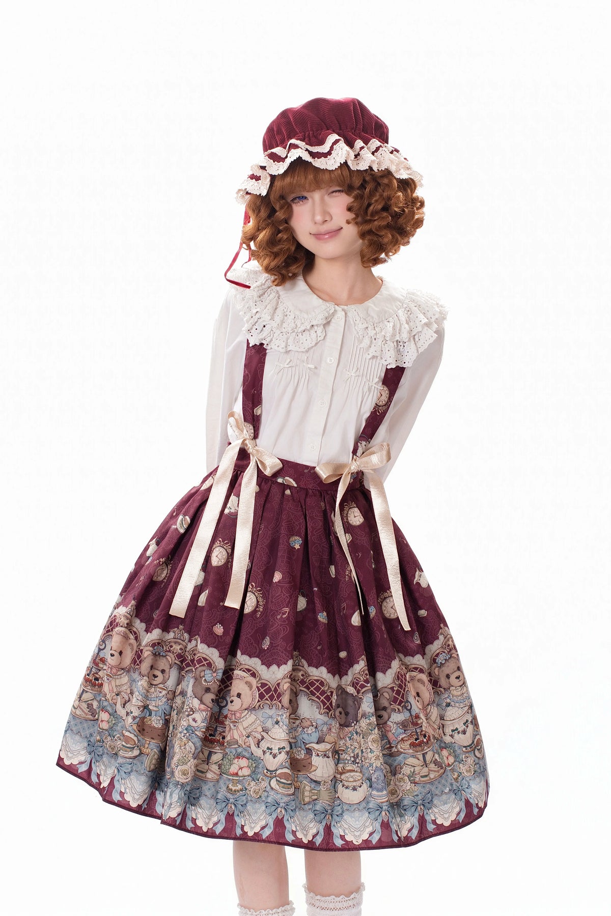 Bear's Tea Party - Kawaii Vintage Lolita Suspender Skirt, Bear Print 46007:871894