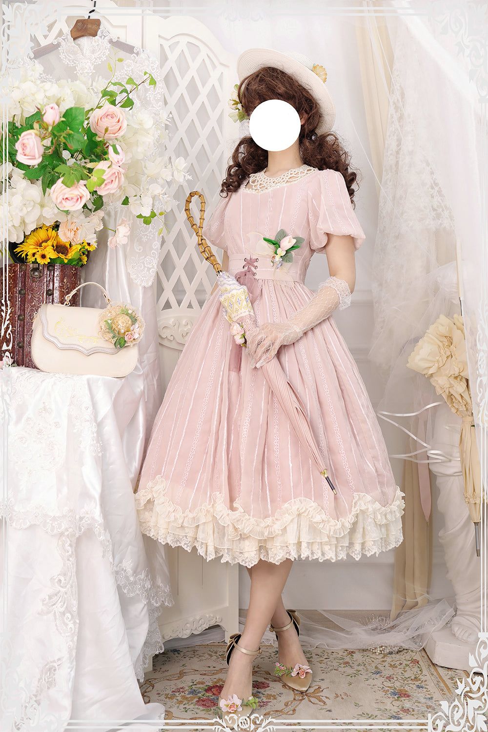 Miss Point~Tulip~Classic Lolita OP Dress Short Sleeve Dress Multicolors XS Pink without Lace on the chest