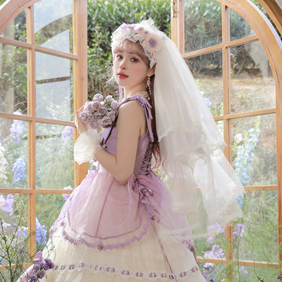 Flower And Pearl Box~Silk Ballet~Wedding Lolita Veil Accessories Set Veil (Purple)  