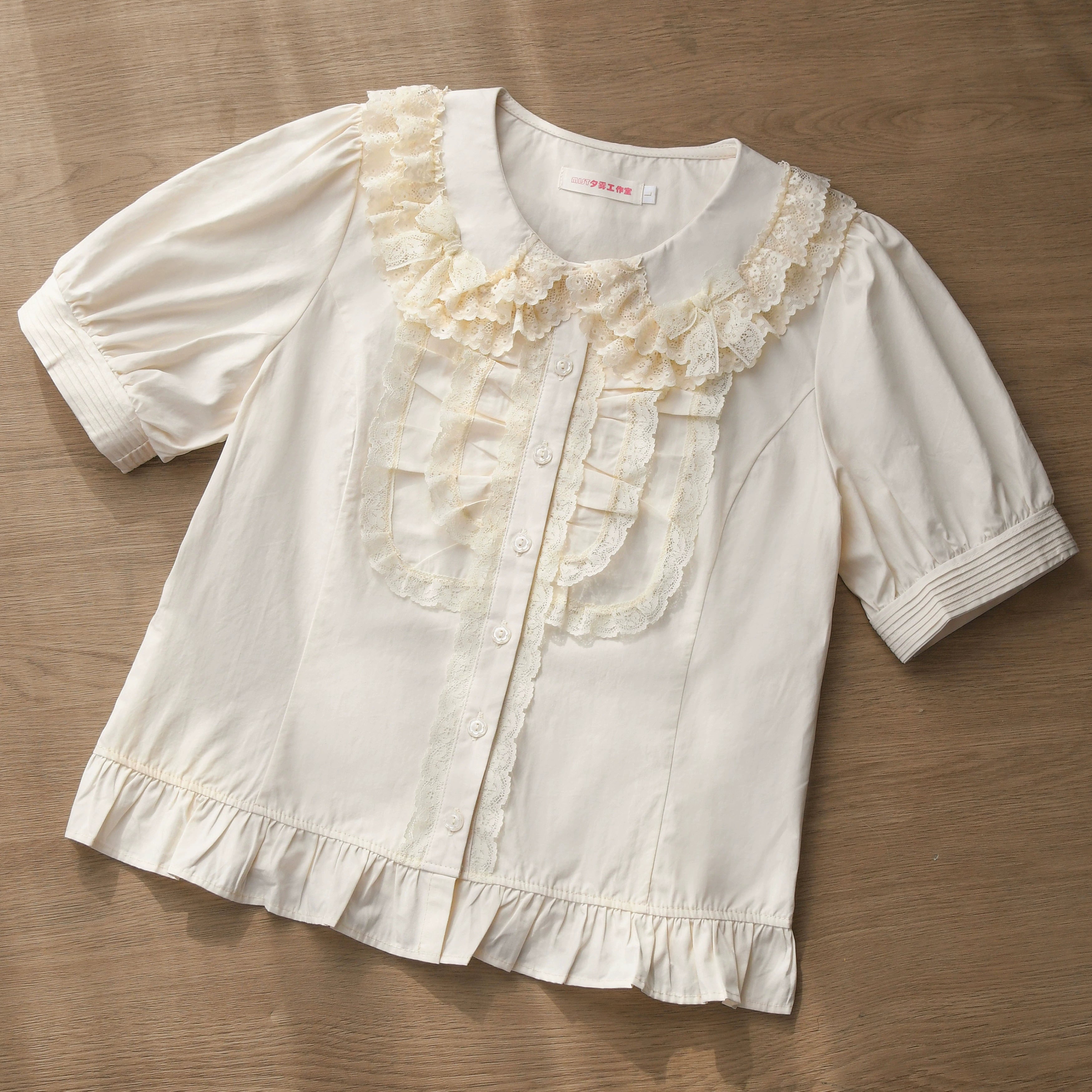 MIST - Semi-sweet Milk Cake - Sweet Lolita Short Sleeve Blouse with Lace Peter Pan Collar Ivory - In Stock S