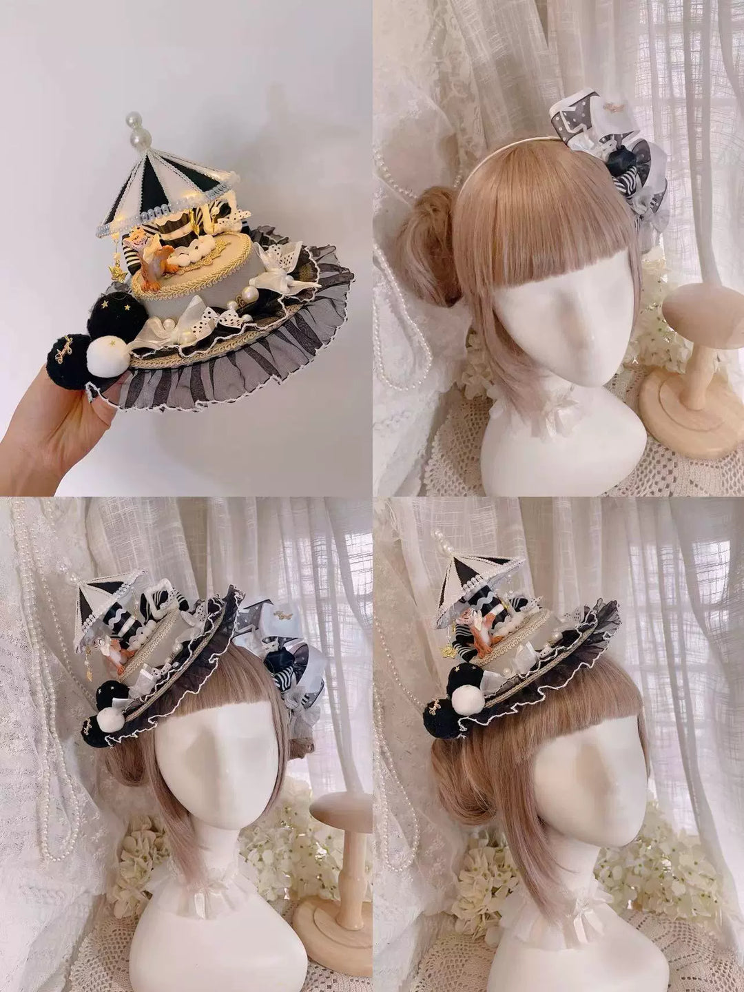 Cat Box~Night Party~Kawaii Lolita Small Top Hat KC Headdress Black white Hat + headband 