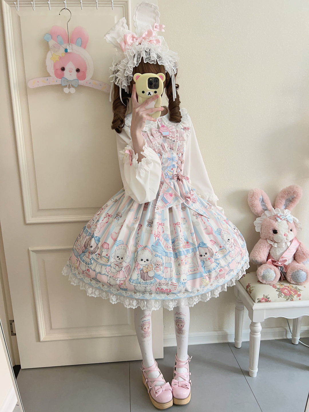 Hanguliang~Sweet Tea Party~Kawaii Lolita JSK Puppy Printed Dress with Sash