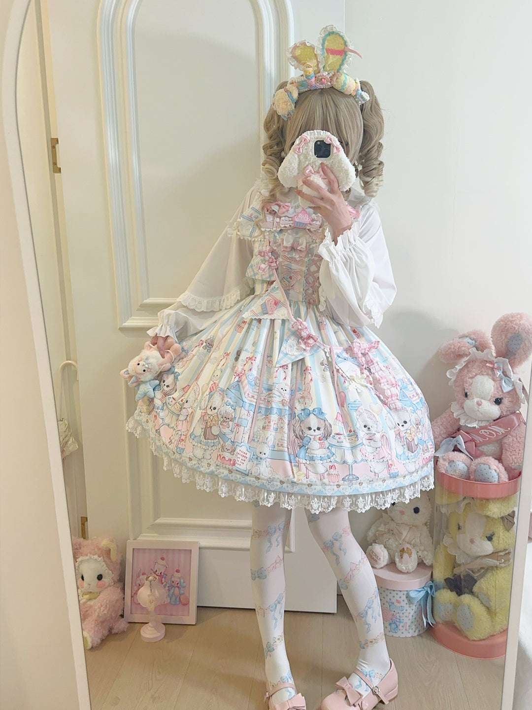 Hanguliang~Sweet Tea Party~Kawaii Lolita JSK Puppy Printed Dress with Sash