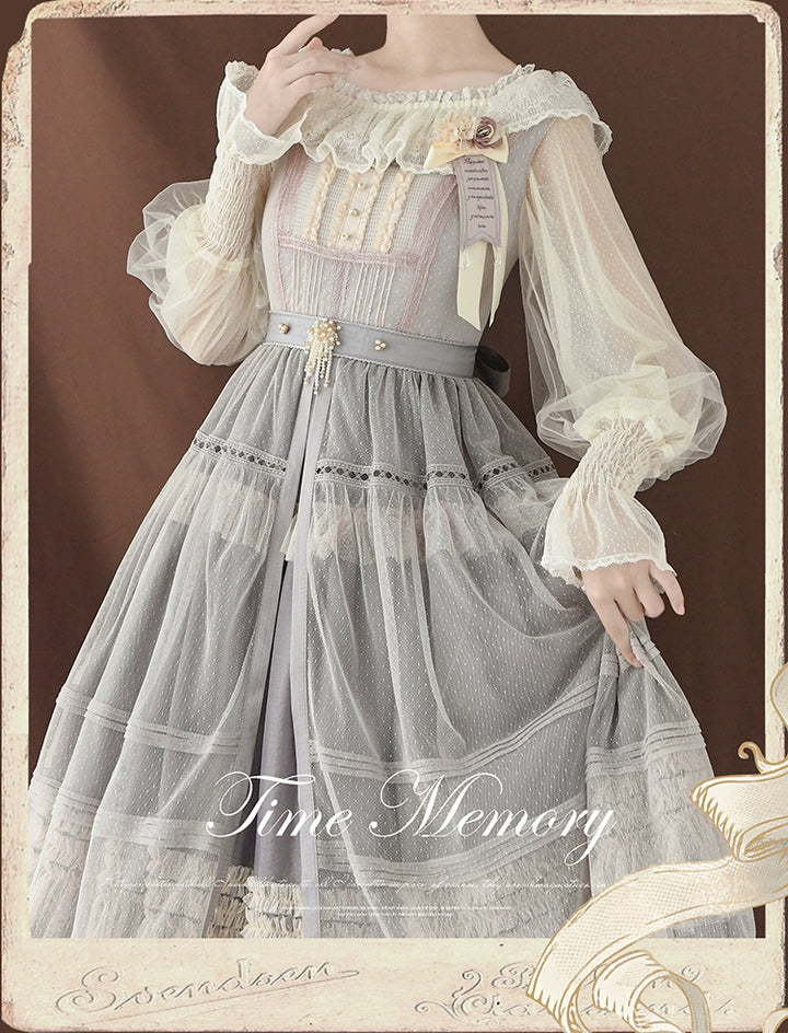 Time Memory~Layered Heart~Sheer Classic Shirt with Mutton Sleeves & Polka Dot