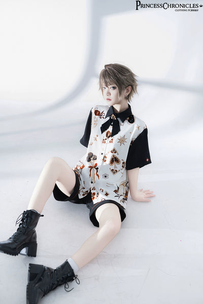 Princess Chronicles~Floral Intoxication~Retro Ouji Lolita Shirt Floral Short Sleeve Shirt and Embroidered Black Shorts   