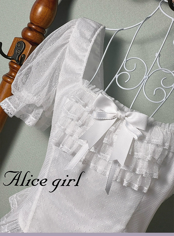 Alice girl~Yesterday Morning Mist~Classic Lolita Shirt Polka Dots Tulle Short Sleeve Blouse 41780:715132