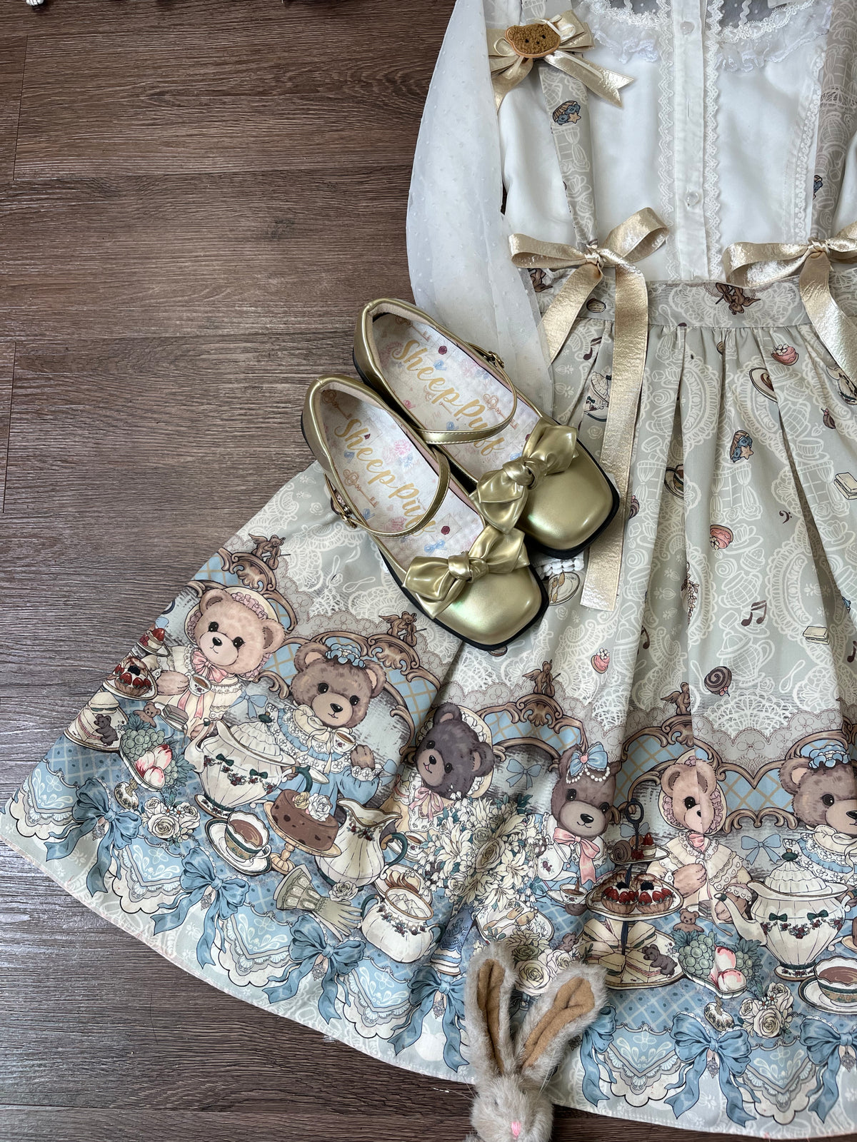Bear's Tea Party - Kawaii Vintage Lolita Suspender Skirt, Bear Print 46007:871887