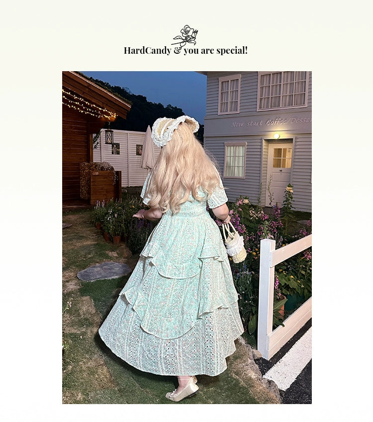 Yingtang~Dreamy Alice~Vintage Lolita Dress Plus Size Hollow out Mint Green Dress   