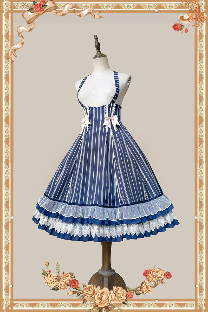 (Buy for me) Infanta~Elegant Lolita Stripe High-waist Jumper Dress Set and Cape S dark-blue stripe high-waist JSK 