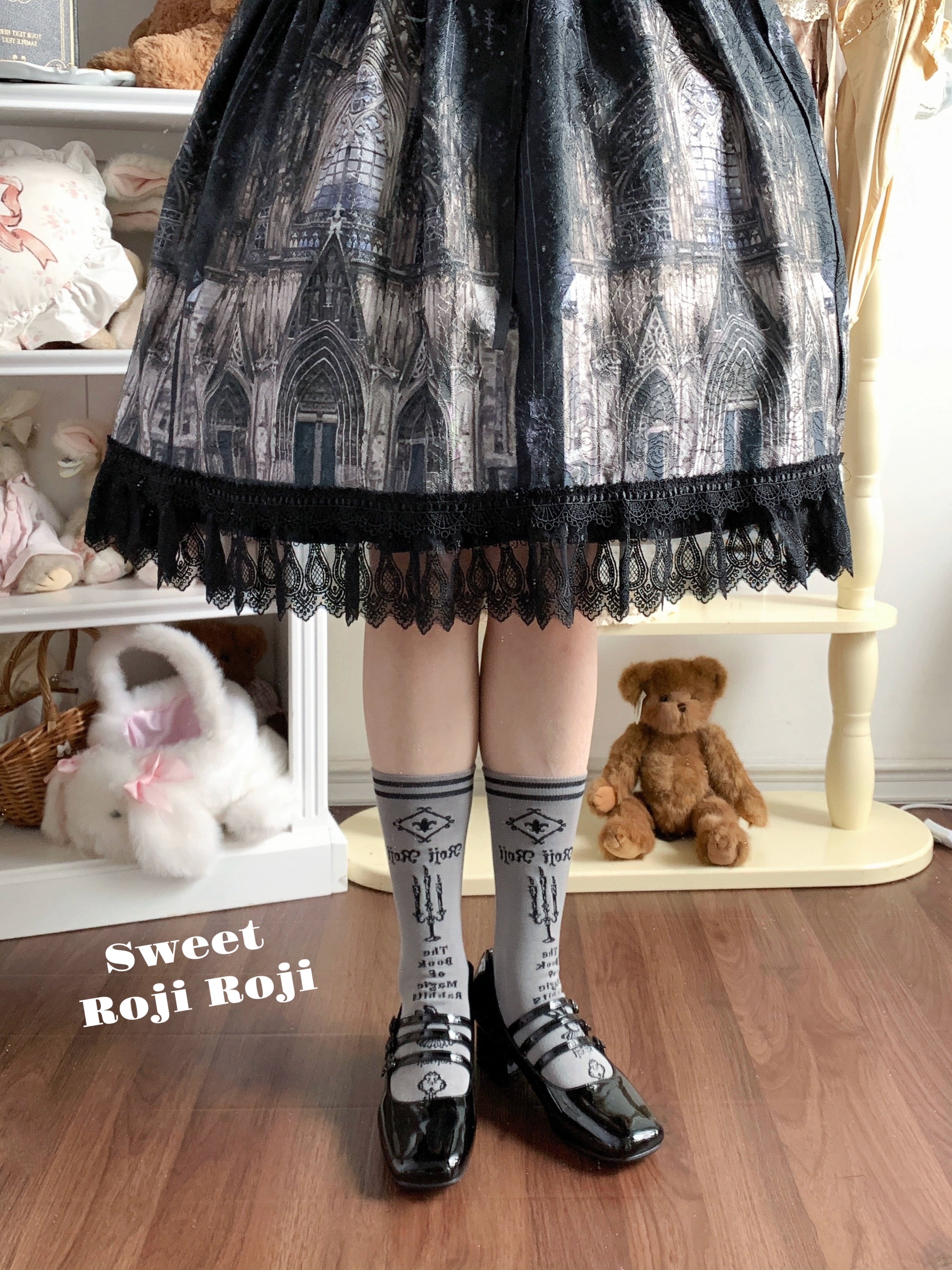 Roji Roji - Printed Cotton Sweet Lolita Calf Socks (Grey) 44320:804793