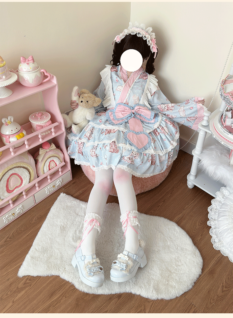 Niu Niu~Showa Moe Bear~Plus Size Wa Lolita Dress Set Kawaii Lolita SK Suit