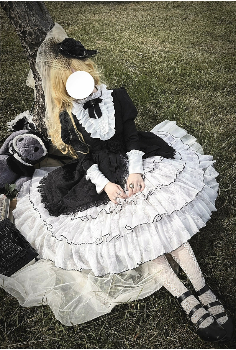 Buling Moon~Vintage Elegant Lolita OP Dress Black White Dress   