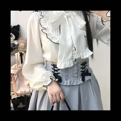 (BFM)KittyBxllet~Cream Ribbon~Jirai Kei Bi Color Stand Collar Ribbon Blouse free size white 