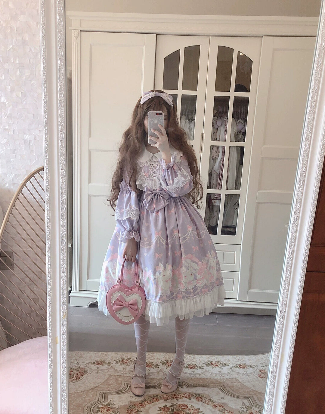 Doujiang~Kawaii Lolita OP Rabbit Print Pink Purple Lace Princess Dress M Long-sleeved rabbit dress only