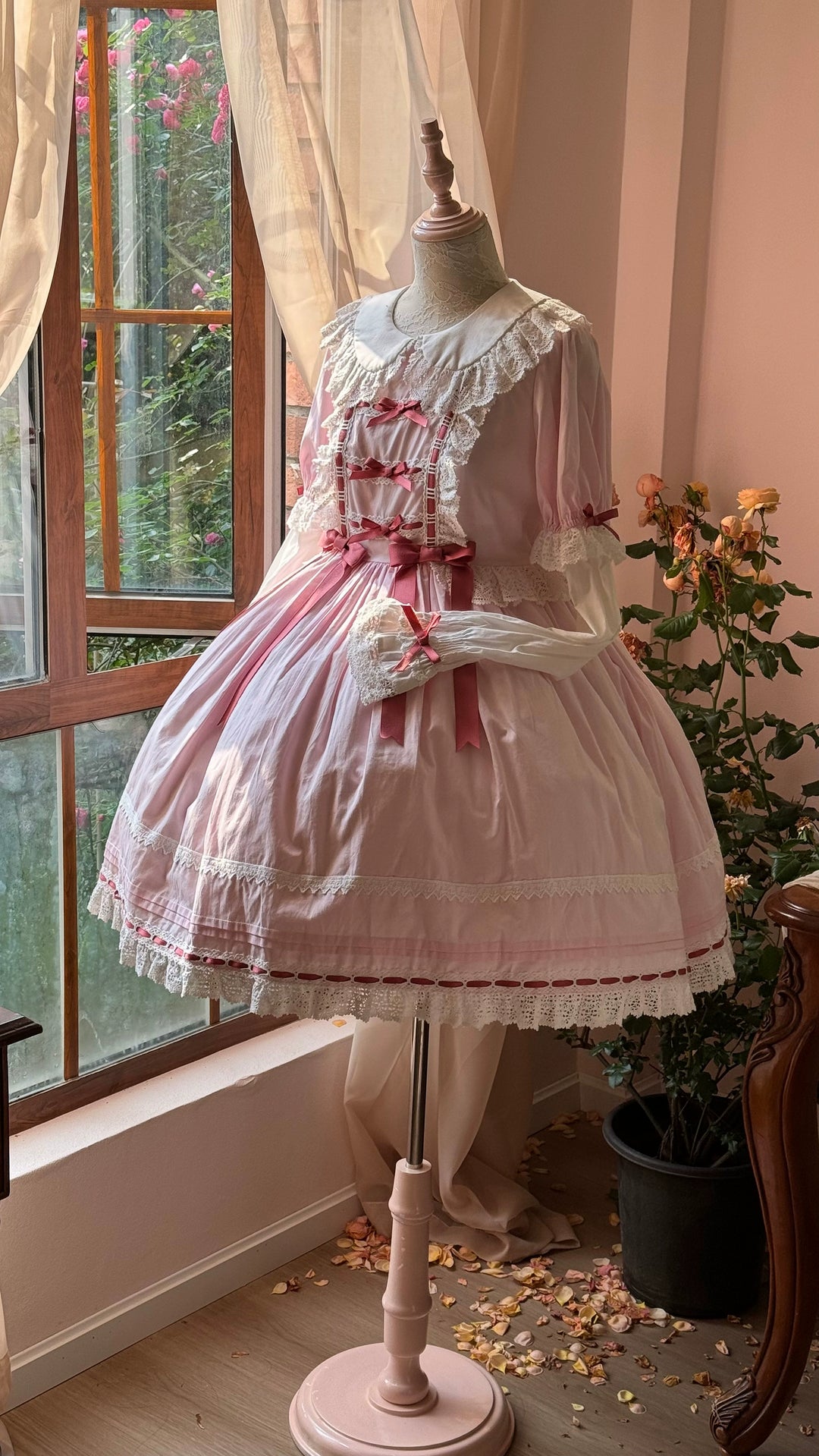 (BFM)Little Bear~Laura's Doll~Vintage Lolita Dress Cotton OP JSK Splicing Sleeves Raspberry Pink OP S 